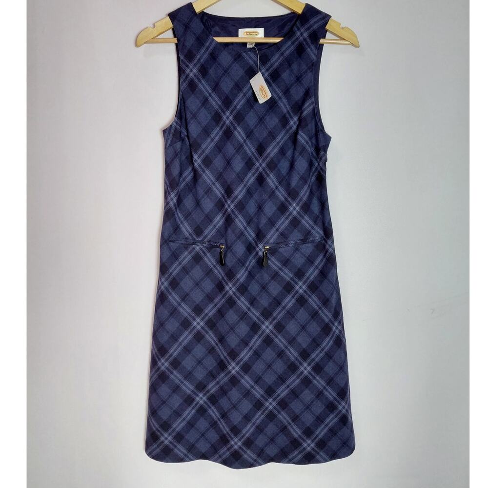 NWT Talbots Petites Plaid Wool Blend Dress Blue Sleeveless Lined Knee Size 2P